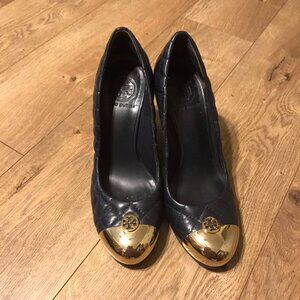 Tory Burch, Kaitlin Quilted Leather Wedge Heel, Dark Blue Size 7.5